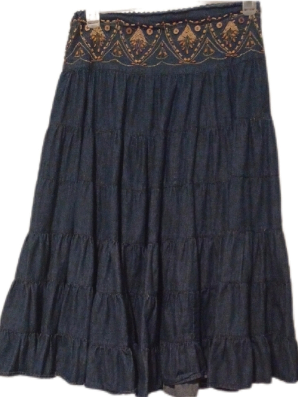 << Freestyle Blue Tiered Maxi Skirt with Embroidered Waistband Women's Size M